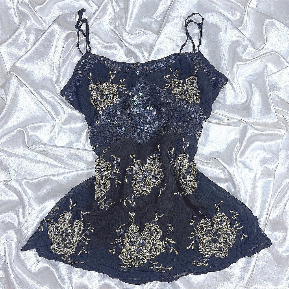 Vintage Camisole Top Black Gold Excellent Floral Embroidered Sequin Peplum 10